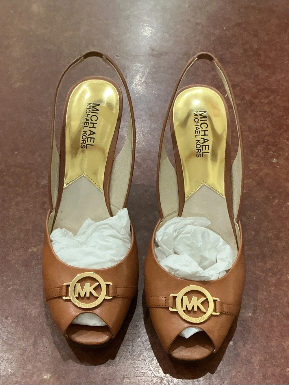 Michael Kors Brown Leather Peep-Toe Slingback Wedges with Gold MK Emblem